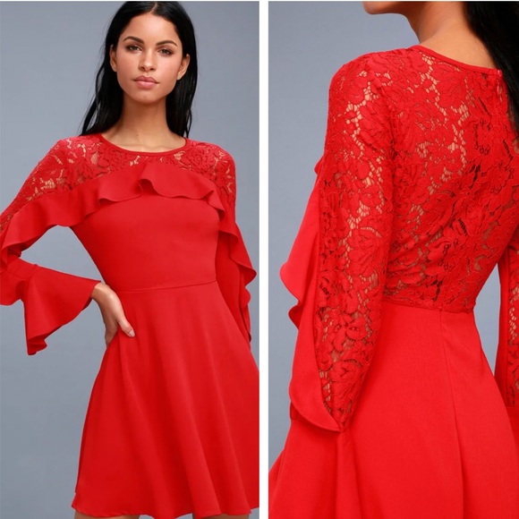 Lulus Dresses & Skirts - LULU’S NWT SECRET KISS RED LACE LONG SLEEVE DRESS SMALL